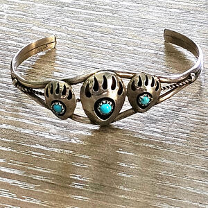 Vintage Silver Triple Bear Claw Cuff Bracelet with Turquoise Inlay